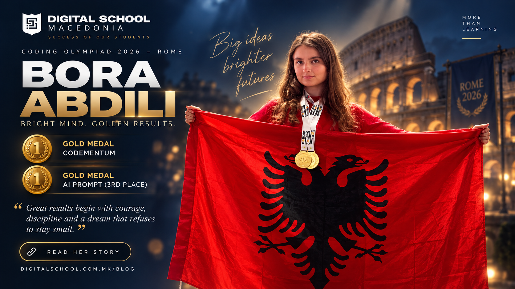 Bora Abdili nga Digital School Macedonia fitoi Gold Medal në Codementum dhe 3rd Place Gold Medal në AI Prompt Engineering në Grand Final Rome 2026.